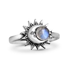 Celestial moon and stars ring with a beautiful Moonstone gem. Unique boho chic. Genuine gemstone. Made of sterling silver.*Our jewelry features natural, genuine gemstones, ensuring each piece is unique and one-of-a-kind. Please note that, as no two gemstones are identical, the jewelry you receive may vary from the photos.Material: Genuine Sterling Silver 92.5Gemstone: MoonstoneRing size: Choose your sizeLength/wide: 14mmCondition: Brand new Moon And Stars Ring, Stars Ring, Moon And Star Ring, Moonstone Ring Sterling Silver, Moon And Stars, Star Ring, Beautiful Rainbow, Sun And Moon, Moonstone Ring