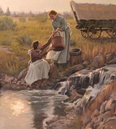 a painting of two women washing clothes in a stream with a horse drawn wagon behind them