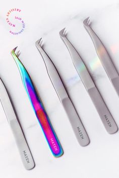 Five pairs of volume eyelash boot shaped tweezers. Four silver color and one rainbow finish. Volume Eyelash Extensions, Soft Spring, Carbon Black