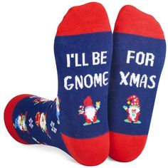 Christmas Gnome SocksOur gnome socks feature charming Christmas gnomes and delicate falling snow set against a lively black backdrop. The bottom is sewn with a hilarious hidden message:"I'll be gnome for Xmas".Size & PackageOur unisex design fits most men's US size 6-13 feet and most women's US size 7 and up.Quality MaterialOur novelty socks for teens are made of 80% cotton, 15% polyamide and 5% elastane to ensure they are soft, comfortable, stretchy and breathable.Christmas GiftsThese festive c Medical Socks, Best Secret Santa Gifts, Blue Crew, Black Backdrops, Christmas Socks, Novelty Socks, Sock Gifts, Secret Santa Gifts, Christmas Gnome