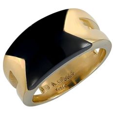 Sleek and chic gold and onyx ring. Made and signed by ALDO CIPULLO. An open band that wraps around the finger, with a smooth rounded beveled inlay of onyx. Size 6 and can be custom-sized. A distinctive and wearable piece of jewelry. Unusual example of Cipullo's work. Alice Kwartler has sold the finest antique gold and diamond jewelry and silver for over forty years. Hinged Ring, Elegante Y Chic, Onyx Ring, Tap Shoes, Antique Gold, Gold Ring, Band Rings, Diamond Jewelry, Onyx