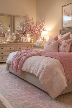 a bed with pink comforter and pillows in a bedroom