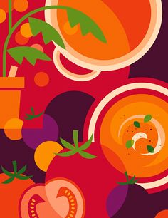 an image of tomatoes and oranges on a red background