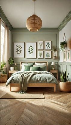 a bedroom with green walls and pictures on the wall above the bed, along with potted plants