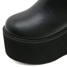 Outer material: microfiber Sole Material: Rubber Toe shape: round toe Heel shape: thick heel Wearing style: side zipper Heel measures approximately: 4.5 in / 11.5cm Platform: 3 in / 7.5cm Material: Vegan Leather Color: Black Faux Leather Platform Boots With Chunky Platform, Platform Boots With Zipper Closure, Edgy Closed Toe Platform Boots With Chunky Platform, Edgy Closed Toe Chunky Platform Boots, Trendy Black Wedge Boots With Chunky Platform, Edgy Chunky Platform Boots With Closed Toe, Trendy Black Chunky Platform Wedge Boots, Punk Style Platform Boots With Closed Toe, Punk Style Synthetic Platform Boots With Round Toe