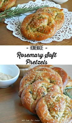 homemade rosemary soft pretzels on a white doily