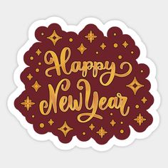 a happy new year sticker with gold lettering