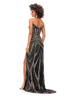 Ashley Lauren 11236 Long Fitted V Neck Slit Beaded Sequin Prom Dress Pageant Gown. This strapless gown is sure to turn heads. The sweetheart neckline is complete with a modern floral sequin motif that continues down the bustier and skirt. The skirt is complete with a left leg slit. COLORS: Gold/Black Sizes: 00,0,2,4,6 Strapless Bustier Left Leg Slit Fully Hand Beaded *Type in style number (11236) in search bar for additional colors! Bustier And Skirt, Prom Dresses Long Black, Glitter Prom Dresses, Ashley Lauren, Pageant Gown, Prom 2024, Strapless Bustier, Sequin Prom Dress, Black Prom Dress