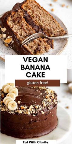 vegan banana cake with chocolate frosting and sliced bananas