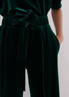 Fluid Velour Pouf Sleeve Top Co-ord Green Green Fleece Tops For Loungewear, Green Fleece Loungewear Top, Green Velvet Trousers, Green Pull-on Pants For Loungewear, Velour Wide Leg Pants, Dramatic Sleeves, Ankle Sleeve, Denim Suit, Cashmere Jacket