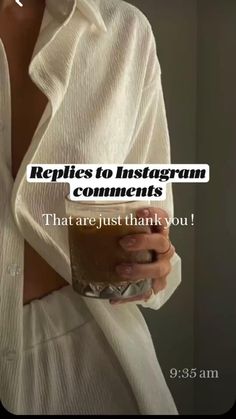 a woman in white shirt holding a glass with text over her left shoulder that reads, replicas to instagram com connects that are just thank you