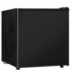 a black refrigerator freezer sitting on top of a white wall