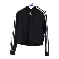 Vintage black Adidas Hoodie - womens small Black Hoodie With Three Stripes For Streetwear, Black Three Stripes Hoodie For Streetwear, Sporty Black Hoodie With Three Stripes, Black Hooded Sweatshirt With Three Stripes, Cotton Hoodie With Three Stripes For Fall, Cotton Hoodie With Three Stripes Long Sleeve, Black Adidas Three Stripes Sweatshirt For Winter, Black Adidas-style Winter Sweatshirt, Black Sporty Hoodie With Three Stripes Branding