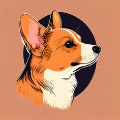 an orange and white corgi dog's head is shown in front of a pink background