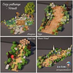 four different views of an area with trees, bushes and other things to see on the map