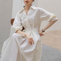 Elegant Solid Shirt Dress For Beach, Elegant Solid Color Shirt Dress For Beach, Elegant V-neck Beach Shirt Dress, Elegant V-neck Shirt Dress For Beach, Chic White Shirt Dress For Summer, Chic White Summer Shirt Dress, White Midi Length Summer Shirt Dress, White Chic Shirt Dress For Summer, Elegant Summer Linen Dress For Day Out