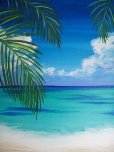 a painting of the ocean with palm trees