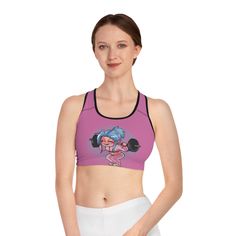 On the lookout for a comfortable sports bra that comes packed with style? This is the one - with an all-over-print that is yours to customize, a compression fit that delivers incredible support during peak activity, and a double-layer front - this sports bra has it all: custom style, support, and 360-degree comfort.  .: Material: 83% moisture-wicking polyester, 17% spandex .: Medium fabric (6.5 oz/yd² (210 g/m .: Compression fit .: Tear-away neck label .: Assembled in the USA from globally sourced parts Pink Breathable Sports Bra For Sports Events, Pink Breathable Sports Bra, Functional Pink Sports Bra For Sports Events, Sporty Activewear For Sports With Sublimation Print, Sporty Activewear With Sublimation Print For Sports, Sports Bra For Yoga, Squat Proof, Moisture-wicking Sports Bra For Athletic Fit, Athletic Fit Moisture-wicking Sports Bra For Sports Events, Functional Graphic Print Activewear For Running