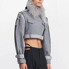 Nwt Sold Out Everywhere Luxury Long Sleeve Cropped Jacket For Winter, Luxury Gray Long Sleeve Outerwear, Luxury Silver Outerwear For Winter, Silver Winter Outerwear For Work, Lee Jacket, Dion Lee, Cropped Jacket, Grey Fashion, Crop Jacket