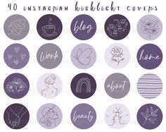 the 10 instagramm highlight coverups are shown in purple and white, with different designs on them