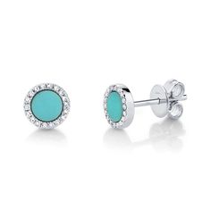 14KT Gold 0.47 CTW Round Composite Turquoise and .08 CTW Round Brilliant Diamond Halo Earrings With Push Backs. Diamond Halo Earrings, Halo Diamond Earrings, White Gold Earrings Studs, White Gold Studs, Halo Earrings, Rose Earrings, Diamond Halo, Brilliant Diamond, Gold Studs