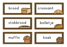 four different types of bread and croissants are shown in this printable flash card