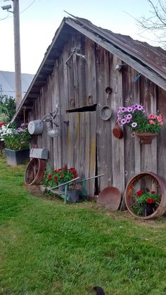 an old wooden shed with flower pots on the side and flowers growing out of it