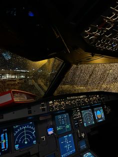 the cockpit of an airplane at night time