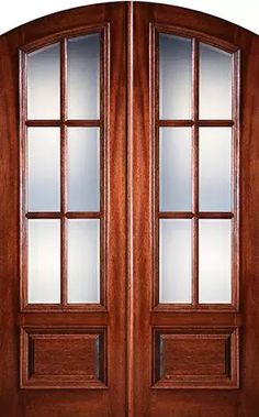 an open wooden double door with glass panels on the top and bottom panel, in front of a white background