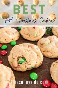 cookies with m & m candy on top and the words best christmas cookies above them