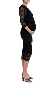 A midi-length dress swathed in delicate lace is thoughtfully designed with integrated panels for discreet nursing access. Jewel neck Three-quarter sleeves Partially lined 92% nylon, 8% elastane Hand wash, line dry Imported Maternity Wear Dresses With Lace Trim, Fitted Maternity Lace Dress With Lace Trim, Lace Maternity Dress With Lace Trim, Maternity Scallop Lace Fitted Dress, Fitted Maternity Dress With Lace Trim, Maternity Fitted Lace Dress With Scalloped Lace, Fitted Lace Maternity Dress, Elegant Maternity Midi Dress, Fitted Scallop Lace Maternity Dress