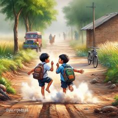 two children running down a dirt road with backpacks on their back and one holding his hand out to the other