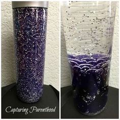 two pictures of the same cup with purple and white speckles on it, one is