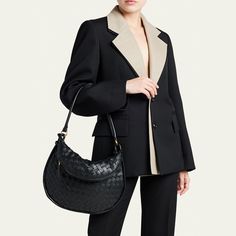 Bottega Veneta "Gemelli" shoulder bag in intrecciato leather  Shoulder strap, 10.2" drop Zip top closure  Exterior, pouch bag  Interior, one zip pocket  Approx. 9.8"H x 14.1"W x 3.9"D Made in Italy Chic Business Shoulder Bag With Intrecciato Weave, Intrecciato Weave Shoulder Bag For Business, Business Shoulder Bag With Intrecciato Weave, Luxury Woven Leather Bag For Work, Formal Tote Shoulder Bag With Woven Leather, Business Tote Shoulder Bag With Intrecciato Weave, Formal Woven Leather Tote Shoulder Bag, Business Intrecciato Tote Shoulder Bag, Business Intrecciato Weave Tote Shoulder Bag