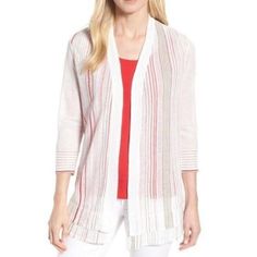 Nic + Zoe Festival Simi Sheer Open Front Cardigan Size : X-Small Color : White Multi Stripe Fend Off The Chill With The Lightest Of Layers Featuring Sheer Stripes With Double Layer Bottom Hem. Pairs Nicely With Paper White, Red Sangria And Flax Viva Americana Collection Style. Knit Cardigan Lightweight, Linen Blend Double Layer Hem 3/4 Sleeves 29" Long No Closure 52% Linen, 18% Nylon, 15% Viscose, 10% Modal, 4% Polyester, 1% Cotton Box A Cape Sweater, Linen Cardigan, Open Cardigan Sweater, Red Stripe, Striped Cardigan, Open Cardigan, Open Front Cardigan, Striped Linen, Cardigans For Women