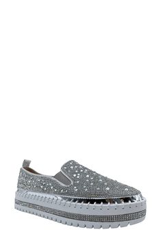 With exaggerated stitching highlighting a platform sole and a bedazzled upper, this fun and flashy sneaker will add a sparkle to your casual look. Synthetic upper, lining and sole Imported Asian Owned/Founded Trendy Embellished Sneakers For Streetwear, Casual Low-top Platform Sneakers With Rhinestones, Casual Platform Sneakers With Rhinestones, Silver Embellished Low-top Sneakers, Casual Bedazzled Sneakers, Slip-on Synthetic Sneakers With Rhinestones, Glamorous Sneakers With Bling And Round Toe, Spring Bling Sneakers With Round Toe, Glamorous Bling Sneakers With Round Toe