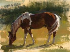 a painting of a brown and white horse eating grass