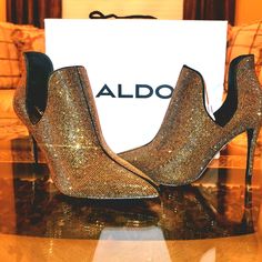 Beautiful Brand New Aldo Gold Extremely Sparkly 4inch Heeled Boots. Gorgeous Sparkle! Glamorous Gold Ankle Boot Heels, Gold Ankle Boot Heels For Evening, Glamorous Ankle Boot Heels With Reinforced Heel, Glamorous Ankle Boots With Reinforced Heel, Gold Heels, Aldo Shoes, Shoes Heels Boots, Shoes Women Heels, Heeled Boots