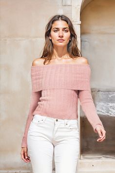 With a soft, fuzzy texture and blush-pink hue, the Tores Sweater tops our list of knitwear must-haves. The long-sleeve style features an off-shoulder silhouette with a slim fit and a foldover neckline that you can adjust to your liking. The effect is alluring, feminine, and perfectly cozy. Feminine Long Sleeve Winter Tops, Fitted Off-shoulder Top For Winter, Chic Winter Tops With Soft Texture, Chic Fall Tops With Soft Texture, Chic Soft Texture Tops For Fall, Chic Tops With Soft Texture For Fall, Feminine Winter Knit Top, Cozy Off-shoulder Winter Tops, Pink Long Sleeve Off-shoulder Top For Spring