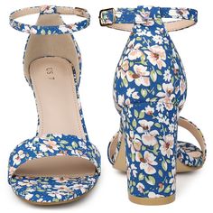 These floral-print heel sandals are sure to be a dazzling look. They feature an open toe, chunky block heels, and ankle straps, which add a touch of cuteness to your look. Designed with chunky block heels, it allows you to walk more comfortably. Pair them with your favorite cocktail dress and colorful accessories for a glamorous party look this season. Great to be a gift for your friend or sister. Floral Print Block Heel Sandals, Spring Open Toe Block Heels With 4-inch Heel, Spring 4-inch Open Toe Block Heels, Blue Padded Heel Block Heels For Spring, Blue Block Heels With Padded Heel For Spring, Spring Floral Print Block Heels, Summer Floral Print Block Heel Sandals, Blue Open Heel Block Heels For Spring, Blue Block Heels With Heel Strap For Spring