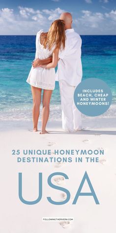 the cover of 25 unique honeymoon destinations in the usa, including an image of two people standing