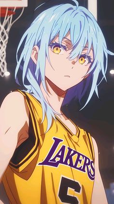 an anime character with blue hair wearing a basketball uniform