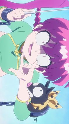 an anime character with pink hair and green shirt standing in front of a blue sky