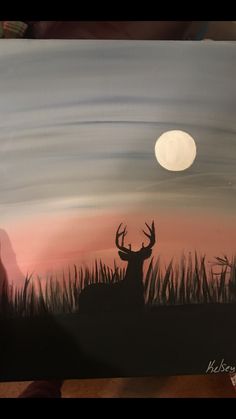 a painting of a deer with the moon in the background