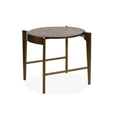 a round table with a wooden frame and marble top on an isolated white background for use as a coffee table or side table