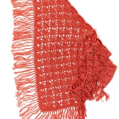 two pieces of red crocheted fabric, one with fringes and the other without