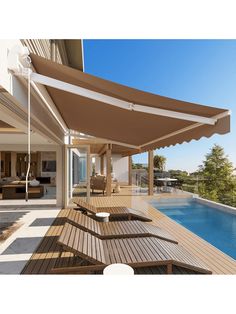 an outdoor deck with lounge chairs and umbrellas next to a swimming pool on a sunny day