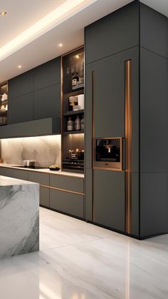 a modern kitchen with marble counter tops and stainless steel appliances, along with built - in ovens