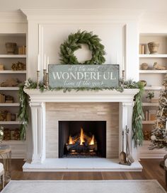 a fireplace with a sign that says it's the most wonderful time of the year