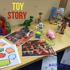 toys are sitting on a desk with the words toy story in front of them and various pictures